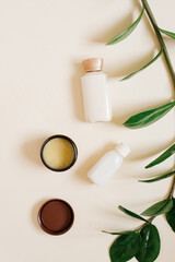 The concept of plant-based, organic cosmetics. Bottles with body or face cream, solid cocoa butter in an open jar and a branch of a tropical plant on a beige background.