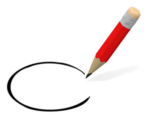 Red color pencil. Write a circle. A pencil with an eraser.