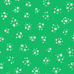 Vector seamless pattern with small pretty white flowers on green backdrop. Liberty style wallpapers. Simple floral background. Elegant ditsy ornament. Cute repeat design for print, decoration, fabric