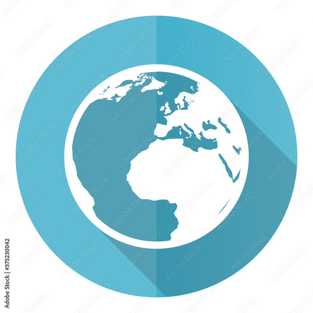Poster earth vector icon, flat design blue round web button isolated on white background