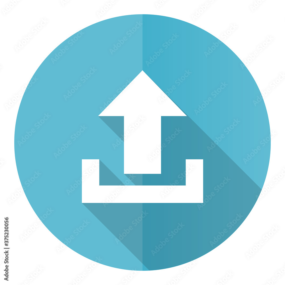 Aufkleber upload vector icon, flat design blue round web button isolated on white background