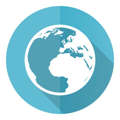 Earth vector icon, flat design blue round web button isolated on white background
