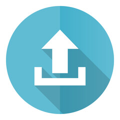 Upload vector icon, flat design blue round web button isolated on white background