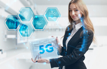 Business, Technology, Internet and network concept. Young businessman working on a virtual screen of the future and sees the inscription: 5G