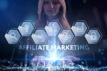 Business, Technology, Internet and network concept. Young businessman working on a virtual screen of the future and sees the inscription: Affiliate marketing