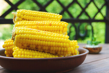 Young sweet tasty grilled corn in a clay plate on a wooden dark background. Summer food.