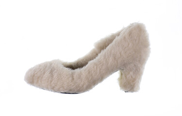 womens fur high-heeled shoes isolated on white background