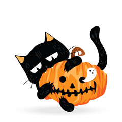 Funny cute black cat biting scary pumpkin and spooky ghost. Animal holidays cartoon character. Vector illustration of happy Halloween greeting card concept isolated on white background