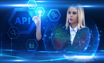 Business, Technology, Internet and network concept. Young businessman working on a virtual screen of the future and sees the inscription: API