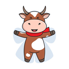 Cute brown spotted bull or cow in red scarf makes a snow angel. The ox is a symbol of the New year 2021 according to the Chinese or Eastern calendar. Vector stock flat illustration isolated on a white