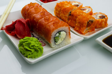 sushi with salmon and wasabi