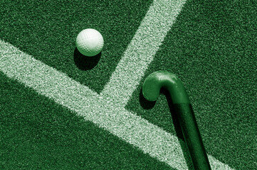 Field hockey stick and ball on brown and green grass