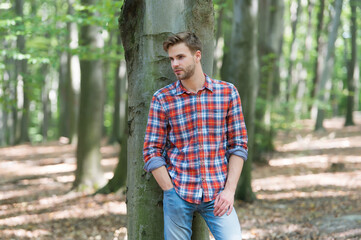 Naklejka na ściany i meble what a nice day. muscular man in forest. sexy macho in unbuttoned shirt outdoor. unshaven man has groomed hair. male beauty and fashion. guy with bristle wear checkered shirt. casual fashion style
