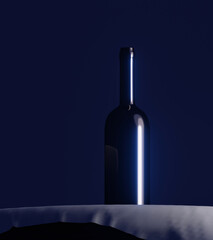 glass bottle with alcohol on the table with tablecloth in the evening, 3d illustration