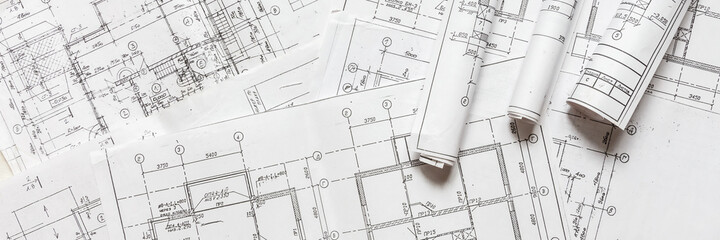 Fototapeta architect design working drawing sketch plans blueprints and making architectural construction model in architect studio,flat lay. obraz