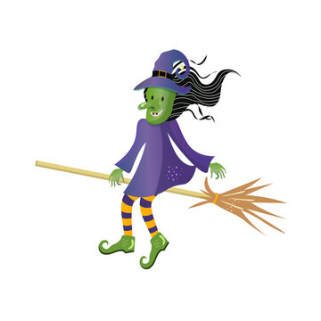 Halloween cartoon witch flying on her broomstick. Vector illustration.
