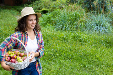 Happy young woman farmer in straw hat holding white wicker basket full of freshly picked red organic apples, looking into the distance standing in green orchard garden. Farm harvesting. Copy space