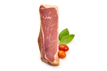 Italian prosciutto crudo or spanish jamon. Jerked ham, isolated on white background