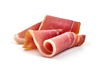Italian prosciutto crudo or spanish jamon. Jerked ham, isolated on white background