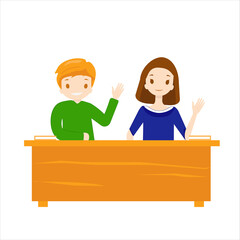 Children are sitting at a desk and happy back to school. The pupils are smiling. Boy and Girl hold hands up. Children are sitting with books in school. Vector illustration. Concept of pupils