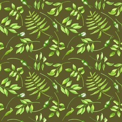 Seamless pattern with watercolor green leaves and buds. Herbs and twigs drawing on dark brown background. Texture design for wallpaper, cards, decoration, wrapping paper, textile, print