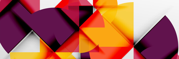 Bright color circles, abstract round shapes and triangles composition with shadow effects. Vector modern geometric design template