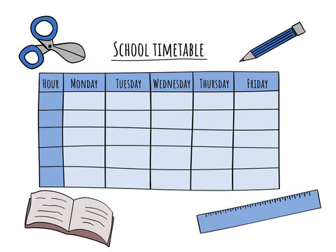 Blue school timetable template isolated on white background with stationery objects. Hand drawn illustration. Ready to print.