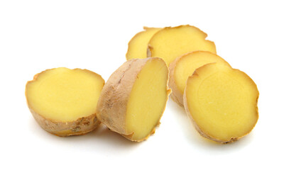 Sliced ginger root on white background