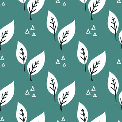 Seamless plant leaves pattern. Vector hand drawn illustration, autumn theme