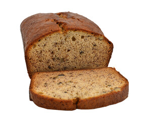 A fresh homemade loaf of banana walnut bread on white background