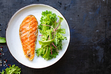 salmon fried steak fillet fish seafood natural ingredient second course eating healthy top view place for text copy space diet raw pescetarian