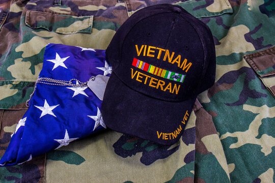 Vietnam Vet Hat With Flag And Dog Tags On Camouflage Uniform