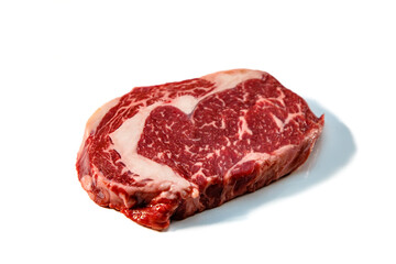 Ribeye. A raw marbled beef steak sits on a white background with a shadow.