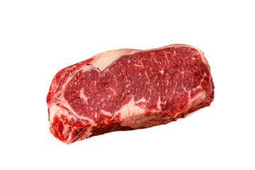 Ribeye. A raw marbled beef steak sits on a white background with a shadow.
