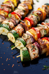 Grilled skewers of vegetables and meat  on the dark background, close up view