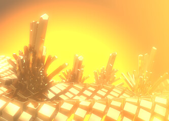 Field of Golden cubes in space with metal precious crystals with copyspace for your text. 3d illustration