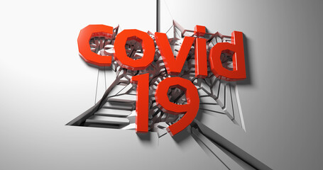 covid 19 red lettering of three dimensional letters and numbers against a cracking white wall. 3d illustration