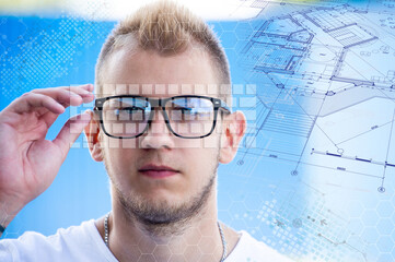 Augmented reality glasses. Smart glasses in the hands of a man. Guy with augmented reality glasses....