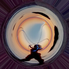 silhouette of a girl who twists hula-hoops on the sandy shore during sunset of spherical panorama 360 degrees.