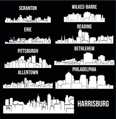 Set of 9 city in Pennsylvania ( Harrisburg, Pittsburgh, Philadelphia, Allentown, Erie, Bethlehem, Scranton, Reading, Wilkes-Barre ) - obrazy, fototapety, plakaty