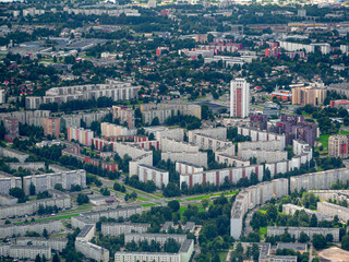 Aerial drone view of Pļavnieki and Purvciems soviet blocks in Riga