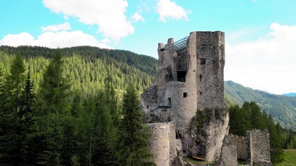 Aerial view of medieval Andraz Castle, Italian Dolomites