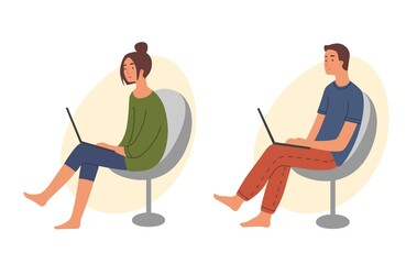 Young man woman freelancer work from home on a laptop or communicates in social networks or surf the Internetand sitting in a chair, isolated vector. Modern flat stock illustration.