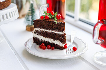 chocolate cake berries cranberries currant red merry christmas new year sweet biscuit cocoa dessert baking food background top view copy space