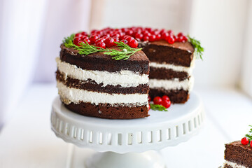 chocolate cake berries cranberries currant red merry christmas new year sweet biscuit cocoa dessert baking food background top view copy space