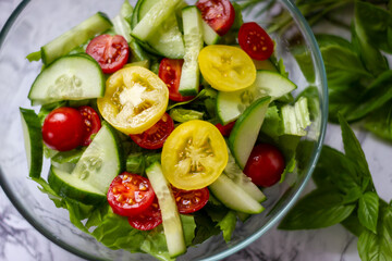 Salatschüssel mit grünem Salat, Gurke, Tomaten rot und gelb, vegan, vegetarisch