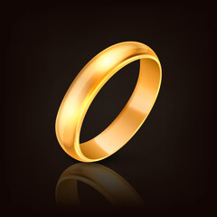 Vector 3d Realistic Gold Metal Wedding Ring Icon with Reflection Closeup Isolated on Dark Black Background. Design Template of Shiny Golden Ring, Clipart, Mockup. Front, Side View