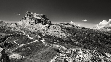 Aerial panoramic mountain landscpae from Five Towers Peaks. Cinque Torri, Dolomite Mountains