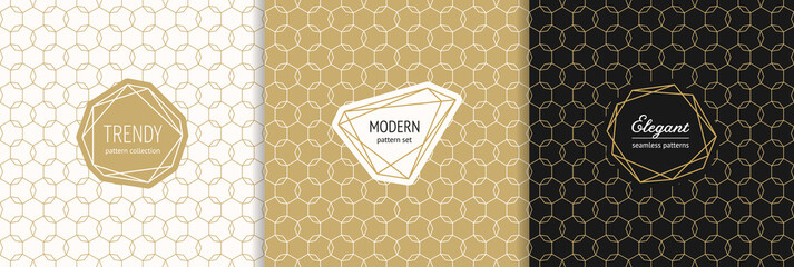Vector golden geometric seamless pattern set with stylish minimal labels. Elegant gold texture with linear abstract grid, mesh, thin lines, diamonds. Trendy minimal background. Modern luxury design