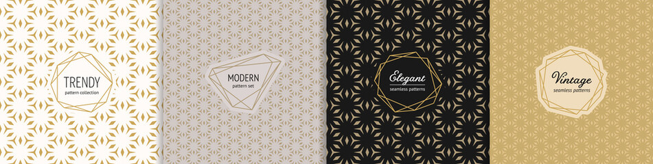 Vector golden geometric seamless patterns with modern labels. Elegant floral ornament. Subtle gold textures set with flower shapes. Japanese ornaments. Trendy minimal background. Premium design